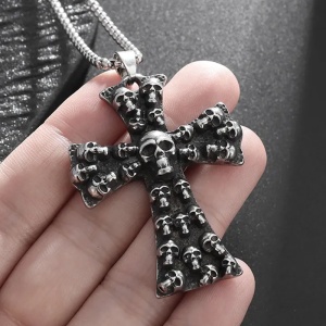 Lant retro gotic cu pandantiv cruce formata din capete de schelet, model exorcism, tematica religioasa, unisex, argintiu, - Img 3