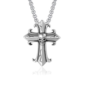 Lant unisex, cu pandantiv cruce, model cu cap de schelet, tematica holy ghost, argintiu,