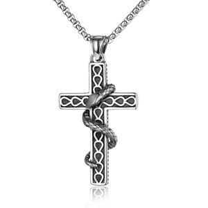 Lant unisex, pandantiv cruce cu detalii delicate, model cu sarpe, tematica holy cross, argintiu, - Img 4