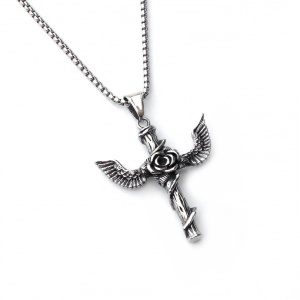 Lant unisex, pandantiv deosebit, model cu trandafir si aripi in forma de cruce, tematica winged flower, argintiu,