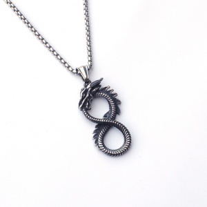 Lant unisex, pandantiv dragon, model semnul infinitului, tematica eternal dragon, argintiu, - Img 2