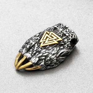 Lant unisex, pandantiv gheara de urs, model cu symbol viking Valknut, tematica bear paw, auriu, - Img 4