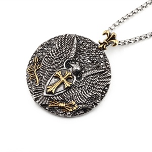 Lant unisex, pandantiv rotund deosebit, model cu vultur si cruce, cristale de sticla cu efect special, tematica royal crest pendant, auriu,