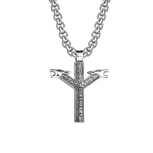Lant unisex, pandantiv runa nordica, model cu doua capete, tematica viking mythology, argintiu,