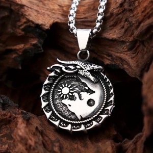 Lant unisex, pandantiv viking, model cu mitologic nordic, tematica world snake dragon, argintiu, - Img 4