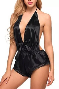 Lenjerie body sexy, satin, negru