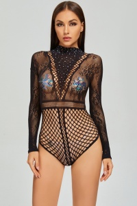 Lenjerie sexy dama, body cu maneci lungi si sclipici, model I’m your queen, negru - Img 3