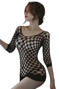 Lenjerie sexy dama, rochie scurta cu maneci lungi, model senzual plasa transparenta, tematica blow your mind, neagra
