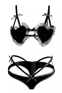 Lenjerie sexy dama, set 2 piese, model cu inimioare, sutien si chilot minimalist, tematica feel my heart, negru - Img 2