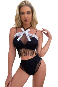 Lenjerie sexy dama, set 2 piese, top scurt cu franjuri, detaliu de contrast si chilot talie inalta, model semitransparent senzual, negru