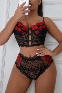 Lenjerie sexy dama, set 2 piese, top tip corset si chiloti cu talie inalta, model flori romantice, negru - Img 4