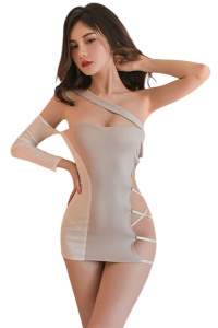 Lenjerie sexy, set 2 piese, rochie cu taietura asimetrica pe o parte, prindere pe un umar, chilot decupaj tanga, model senzual si provocator, tematica love maker, alb cu bej