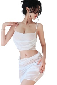 Lenjerie sexy, set 2 piese, top cu bretele in X la spate si fusta cu talie elastica, model senzual semitransparent, tematica shy love, alb