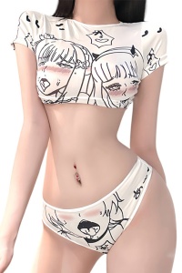 Lenjerie sexy, set 2 piese, top foarte scurt si chilot decupaj clasic crotchless, model cu imprimeu anime, tematica school girl crush, alb