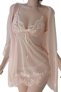 Lenjerie sexy, set 3 piese, rochie semitransparenta, chilot decupaj tanga si cover tip halat cu cordon, model delicat si senzual, tematica hot night, roz
