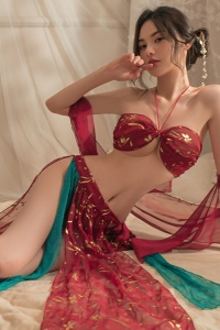 Lenjerie sexy, set 3 piese, sutien cu prindere dupa gat, fusta lunga cu crapaturi si esarfa, model semitransparent, tematica jocuri erotice, rosu - Img 3