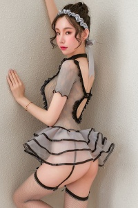 Lenjerie sexy, set 4 piese, rochie scurta semitransparenta cu decolteu indraznet, ciorapi, accesoriu pentru cap si chilot decupaj tanga, model jucaus, tematica hot night, gri - Img 4