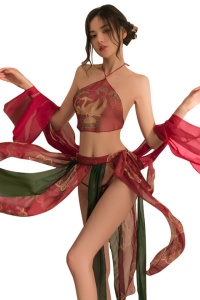 Lenjerie sexy, set 4 piese, sutien semitransparent, fusta cu crapaturi, cover si chilot decupaj tanga, model provocator, tematica nopti salbatice cu gheise gingase, rosu cu verde