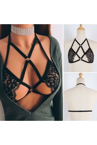 Lenjerie sexy, set din 2 piese, sutien si chiloti tanga, cu accesorii, negru - Img 2