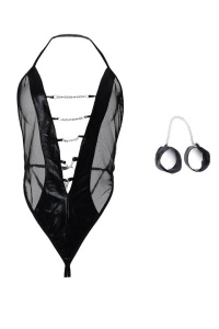 Lenjerie sexy tip body erotic, decolteu adanc in V cu detalii argintii, negru, accesorizat cu bratari si lant - Img 4
