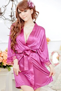 Lenjerie sexy tip halat, maneci lungi, cordon in talie, chilot tanga, roz inchis - Img 4