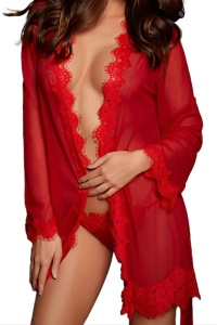 Lenjerie sexy tip halat, maneci lungi, cu dantela pe margini si cordon, rosu
