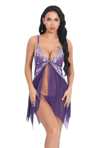 Lenjerie sexy tip neglijeu cu dantela, mov - Img 3