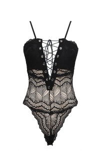 Lenjerie tip body sexy, inchidere cu snur la decolteu, negru