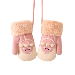 Manusi copii, model calduros cu un singur degetel si snur, manseta pufoasa, accesorizate cu puisori, tematica piu piu style, fetite, marime 2 – 8 ani, roz