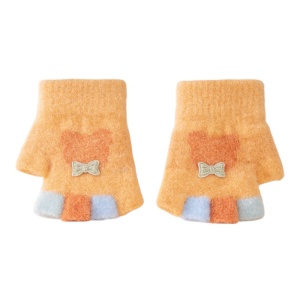 Manusi copii, model cu degetele dezgolite colorate, imprimeu iepuras cu fundita, tematica fashion winter, unisex, marime 1 – 3 ani, galbene