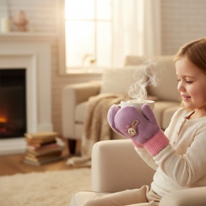 Manusi copii, model dragut cu un singur degetel si snur, manseta elastica, accesorizate cu figurine vesele, tematica happy winter, unisex, marime 3 – 8 ani, mov - Img 4