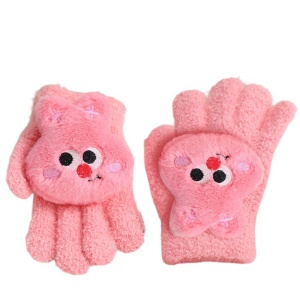 Manusi copii, model pufos cu manseta elastica, accesorizate cu figurine hazlii, tematica happy day, unisex, marime 6 – 10 ani, roz aprins