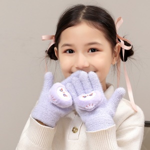 Manusi copii, model pufos cu manseta elastica, accesorizate cu figurine hazlii, tematica happy day, unisex, marime 6 – 10 ani, lila - Img 4