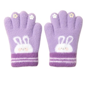 Manusi copii, model pufos cu manseta elastica, accesorizate cu iepuras si floricele, tematica happy bunny, unisex, marime 3 – 5 ani, mov