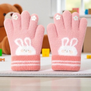 Manusi copii, model pufos cu manseta elastica, accesorizate cu iepuras si floricele, tematica happy bunny, unisex, marime 3 – 5 ani, roz inchis - Img 3