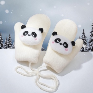Manusi copii, model pufos cu un singur degetel si snur, manseta elastica, accesorizate cu ursuleti, tematica panda mania, unisex, marime 2 – 8 ani, albe - Img 4