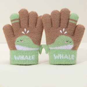 Manusi copii, model vesel cu balenuta, manseta elastica si detalii de contrast pe degete, tematica happy whale, unisex, marime 3 – 5 ani, maro cu verde - Img 3