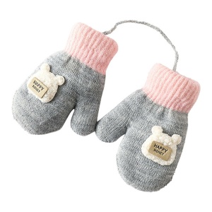 Manusi cu snur pentru copii, model calduros si vesel, tematica happy baby, marime 1 – 3 ani, gri