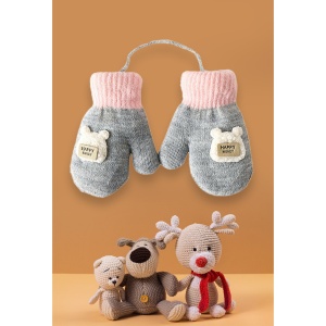 Manusi cu snur pentru copii, model calduros si vesel, tematica happy baby, marime 1 – 3 ani, gri - Img 2