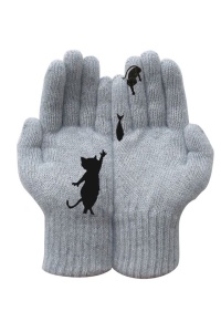 Manusi dama, model clasic calduros, imprimeu cu pisica jucausa, manseta elastica, tematica cat joy, marime universala, gri