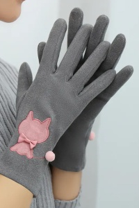 Manusi dama, model delicat cu pisica, accesorizat cu pom pom mic si fundita, tematica fashion cat, marime universala, gri - Img 3