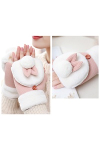 Manusi dama si adolescente, model cu degete dezgolite, capac prindere cu nasturel, accesorizate cu urechiuse si codita de iepuras, tematica winter bunny, marime universala, roz - Img 2