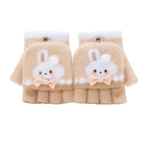 Manusi pentru copii, model cu degetele descoperite si capac decapotabil, prindere cu nasturel, accesorizate cu iepuras fashion, tematica winter style, unisex, marime 3 – 5 ani, bej