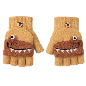 Manusi pentru copii, model cu degetele descoperite si capac decapotabil, prindere cu nasturel, accesorizate cu dinozauri, tematica sweet little monster, baieti, marime 7 – 9 ani, maro