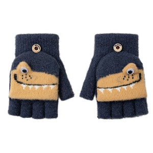 Manusi pentru copii, model cu degetele descoperite si capac decapotabil, prindere cu nasturel, accesorizate cu dinozauri, tematica sweet little monster, baieti, marime 7 – 9 ani, gri inchis cu galben