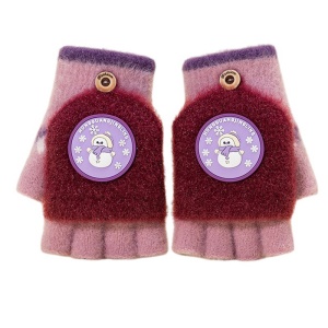Manusi pentru copii, model cu degetele descoperite si capac decapotabil, prindere cu nasturel, accesorizate cu figurine vesele, tematica happy time, unisex, marime 7 – 12 ani, roz cu visiniu