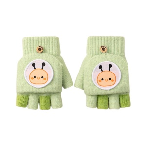 Manusi pentru copii, model cu degetele descoperite si capac decapotabil, prindere cu nasturel, accesorizate cu figurine vesele, tematica happy day, unisex, marime 9 – 12 ani, verzi