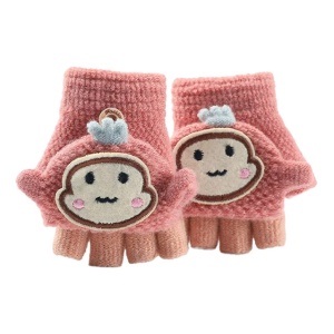 Manusi pentru copii, model cu degetele descoperite si capac decapotabil, prindere cu nasturel, accesorizate cu figurina haioasa, manseta elastica, tematica happy moments, marime 1 – 3 ani, roz inchis