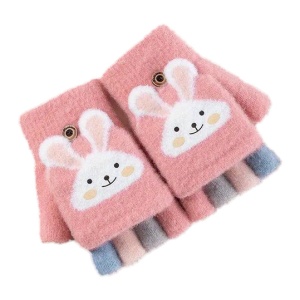 Manusi pentru copii, model cu degetele descoperite si capac decapotabil, prindere cu nasturel, accesorizate cu iepuras, manseta elastica, tematica cute bunny, marime 6 – 12 ani, roz inchis