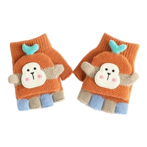 Manusi pentru copii, model cu degetele descoperite si capac decapotabil, prindere cu nasturel, accesorizate cu maimutica haioasa, manseta elastica, tematica happy winter, marime 3 – 6 ani, portocalii